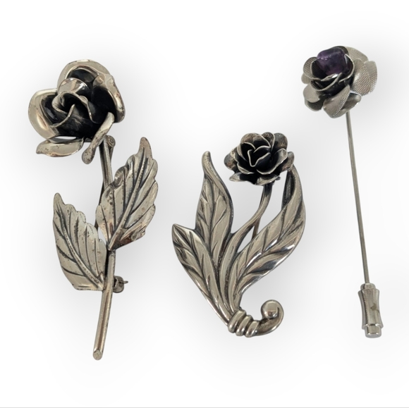 AMETHYST ROSE Silver Vintage Stick Pin 1950 Retro Classic - Picture 6 of 7